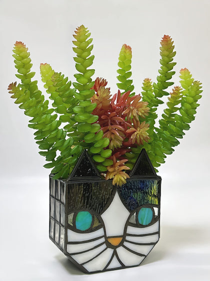 Entlityful Tiffany cat planter front-angle view with colorful glass and copper frame.