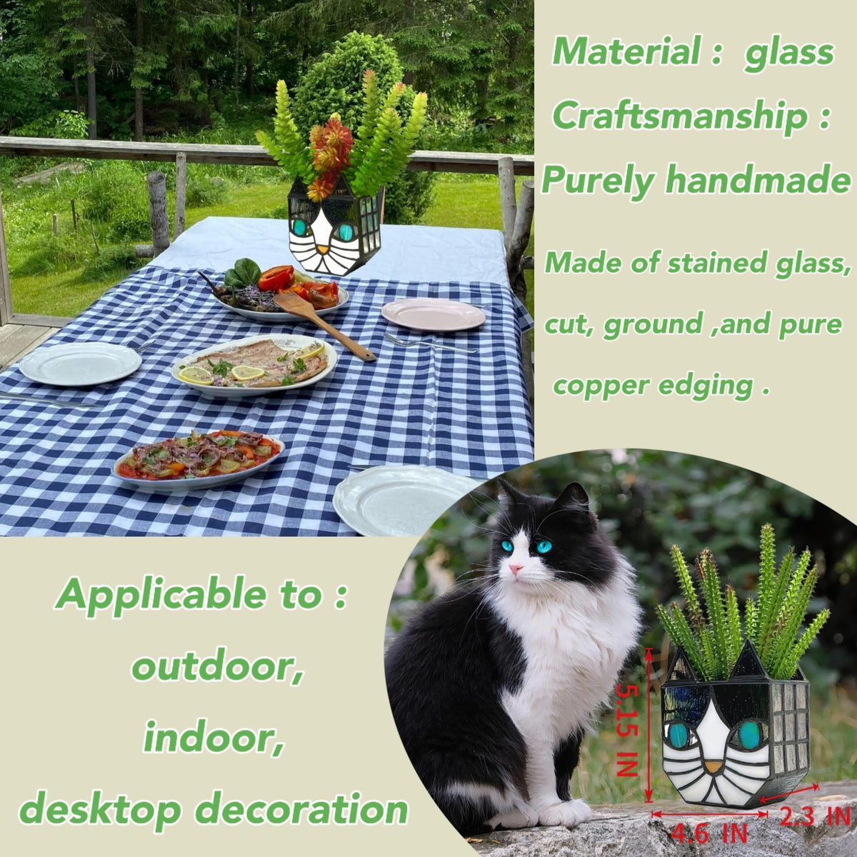 Entlityful Tiffany cat planter designed for indoor and outdoor display.