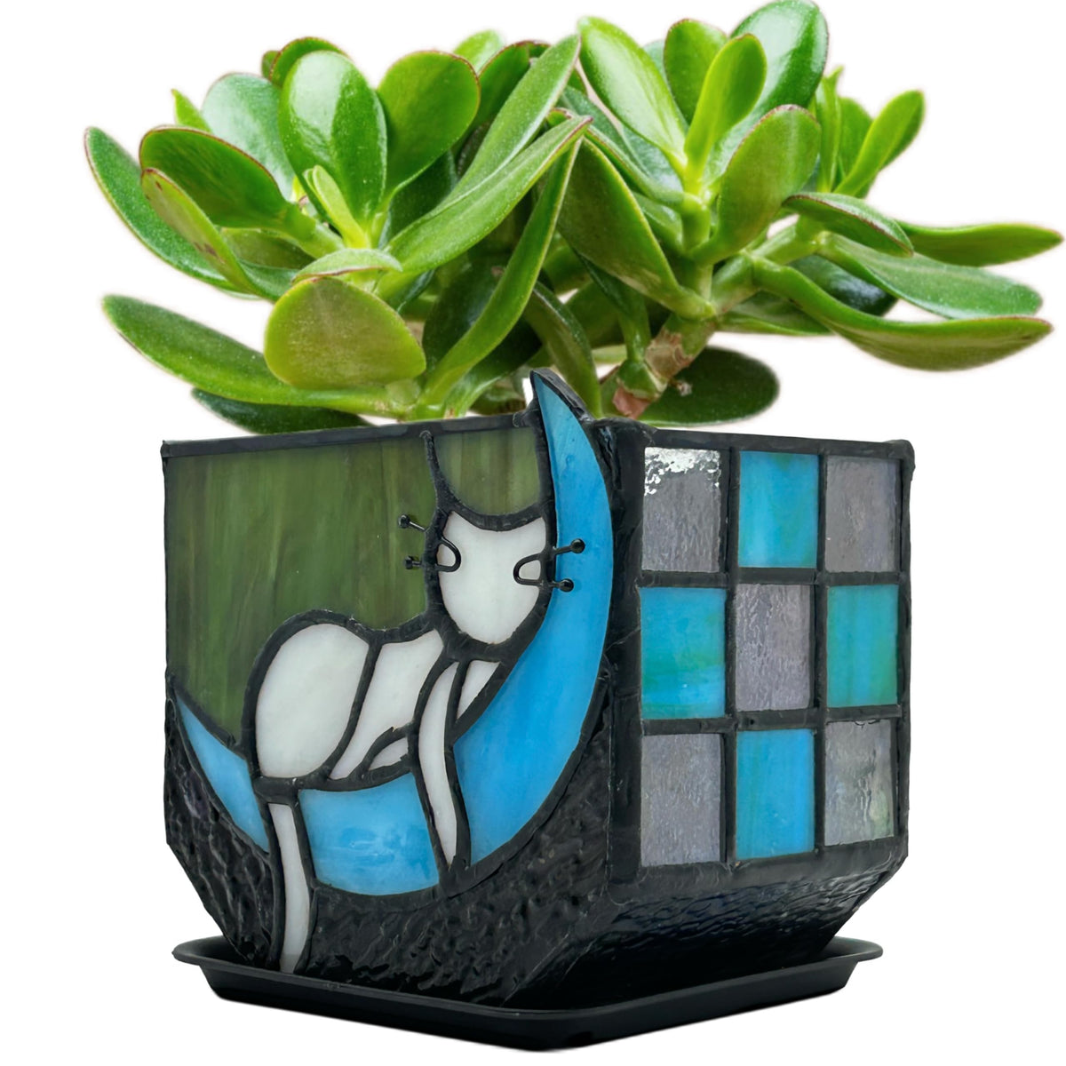Entlityful Tiffany stained-glass moon cat planter for vibrant indoor decor.