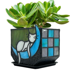 Entlityful Tiffany stained-glass moon cat planter for vibrant indoor decor.