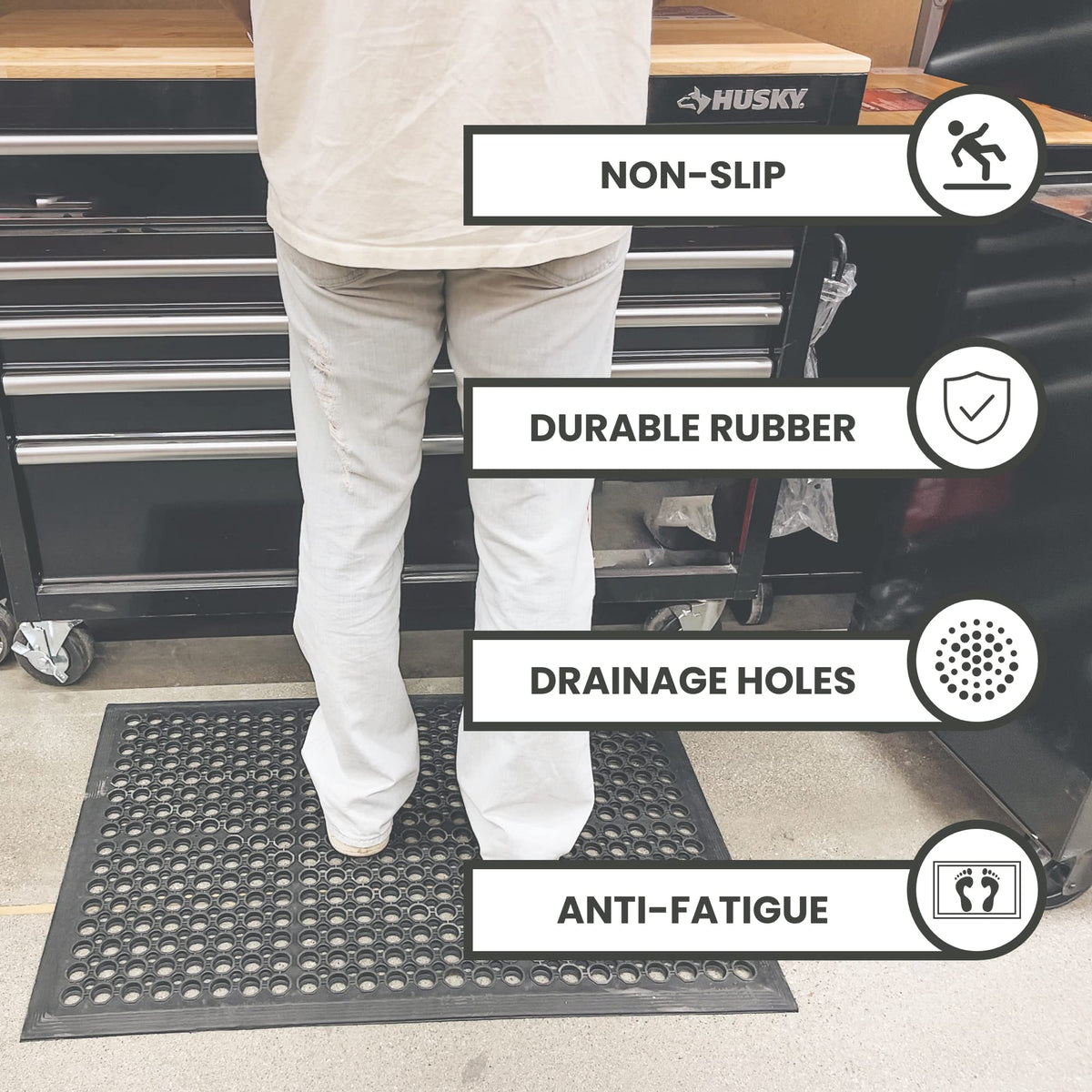Envelor anti-fatigue mat 4 pack in kitchen scene, supports long standing tasks comfortably