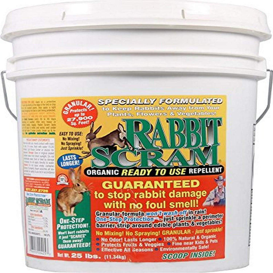 Enviro Pro Rabbit Scram granular in white pail protects vegetables and flowers from rabbits.