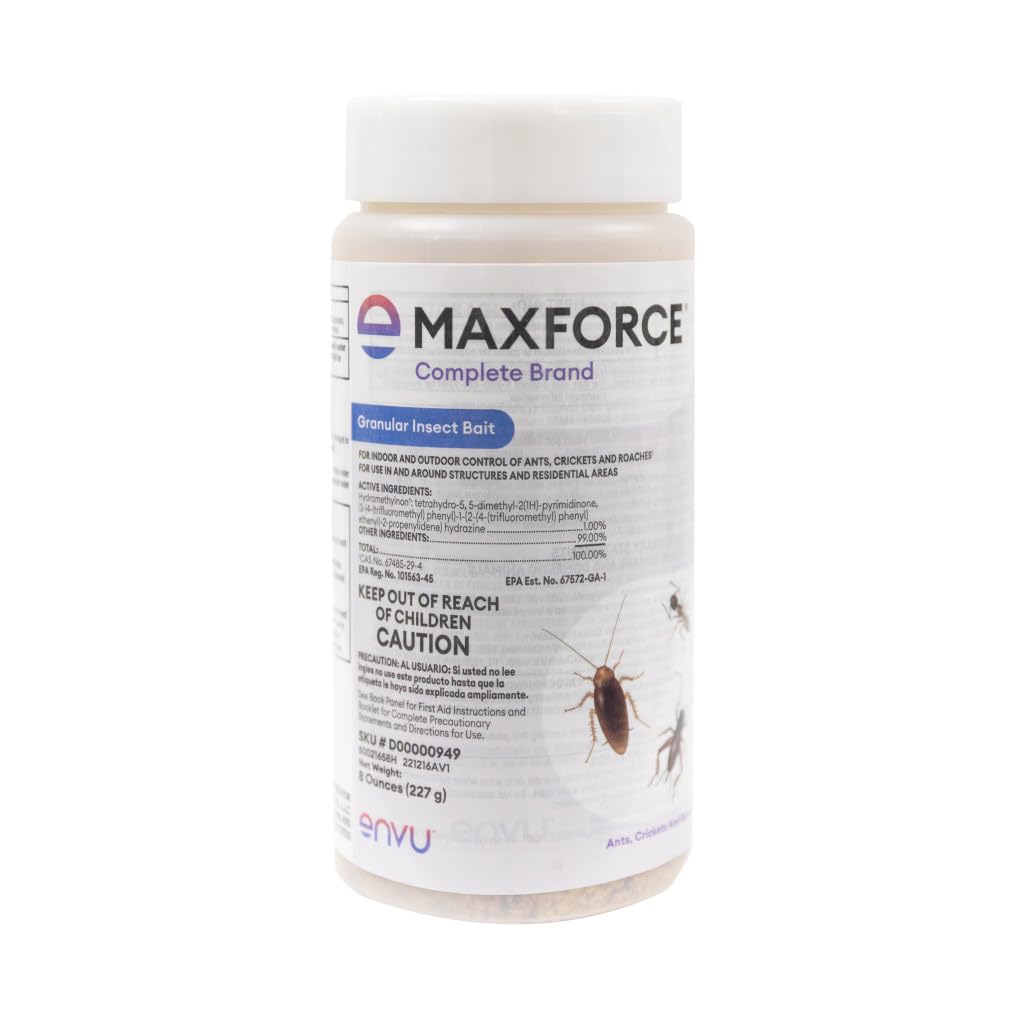 Envu Maxforce Complete granular bait 8 oz package for indoor and outdoor use.
