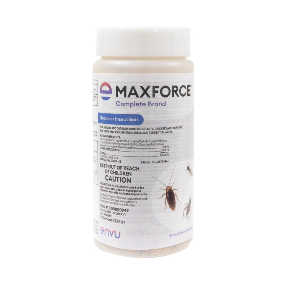 Envu Maxforce Complete granular bait 8 oz package for indoor and outdoor use.