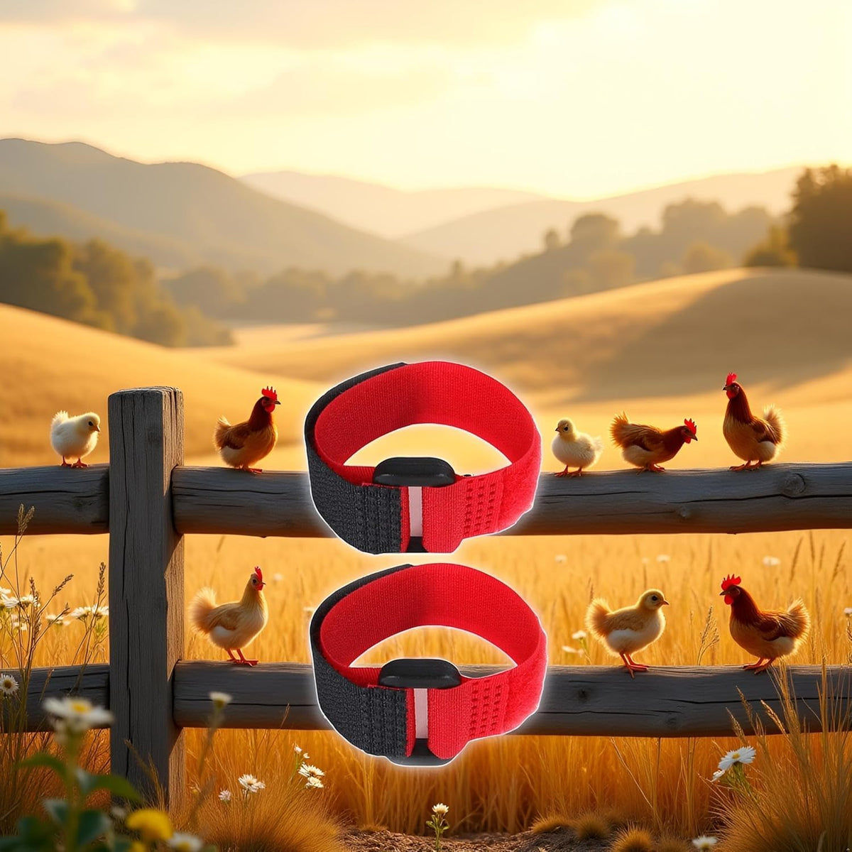 Enyolidimk rooster wearing collar demonstrates gentle restraint in daily use.