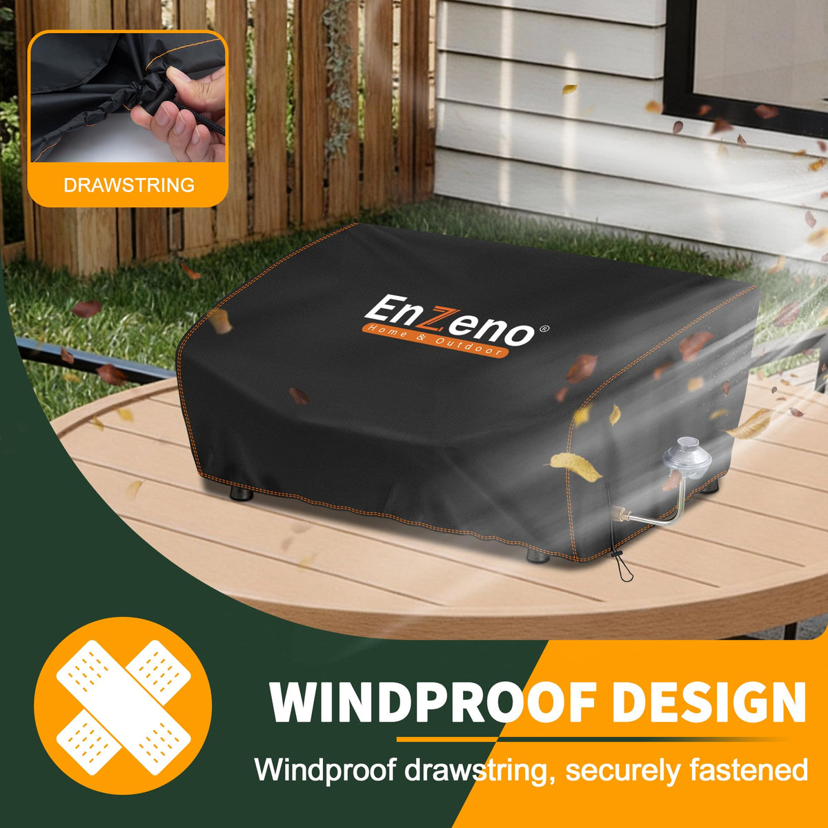 Enzeno griddle cover drawstring bottom shows secure tension during windy conditions
