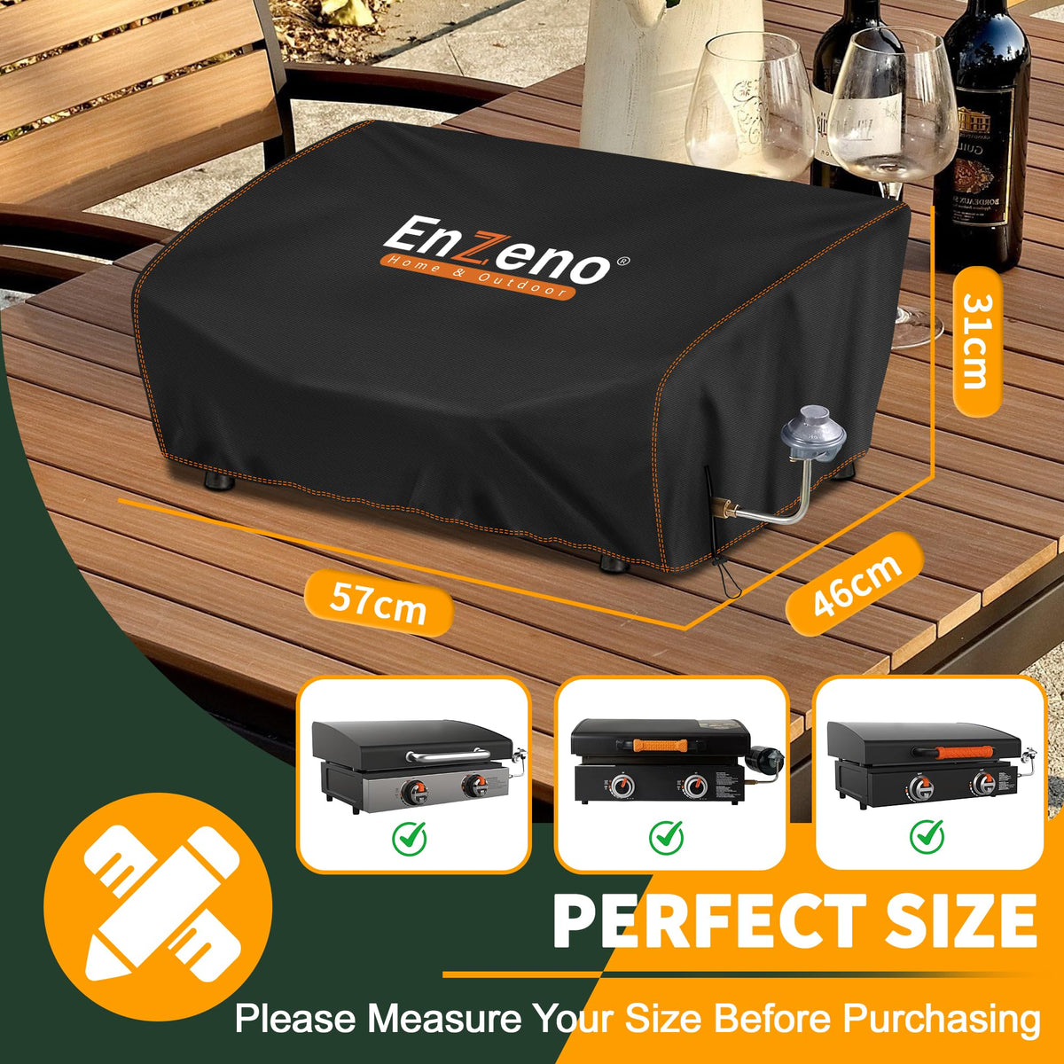 Enzeno griddle cover side view demonstrates windproof bottom drawstring for secure fit