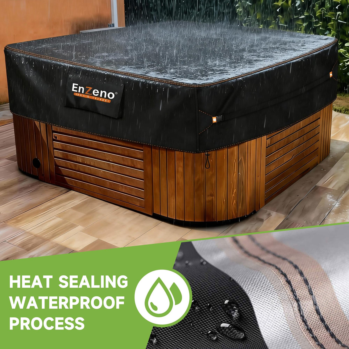 Enzeno spa cover featuring secure buckles ensures a snug fit around the tub.