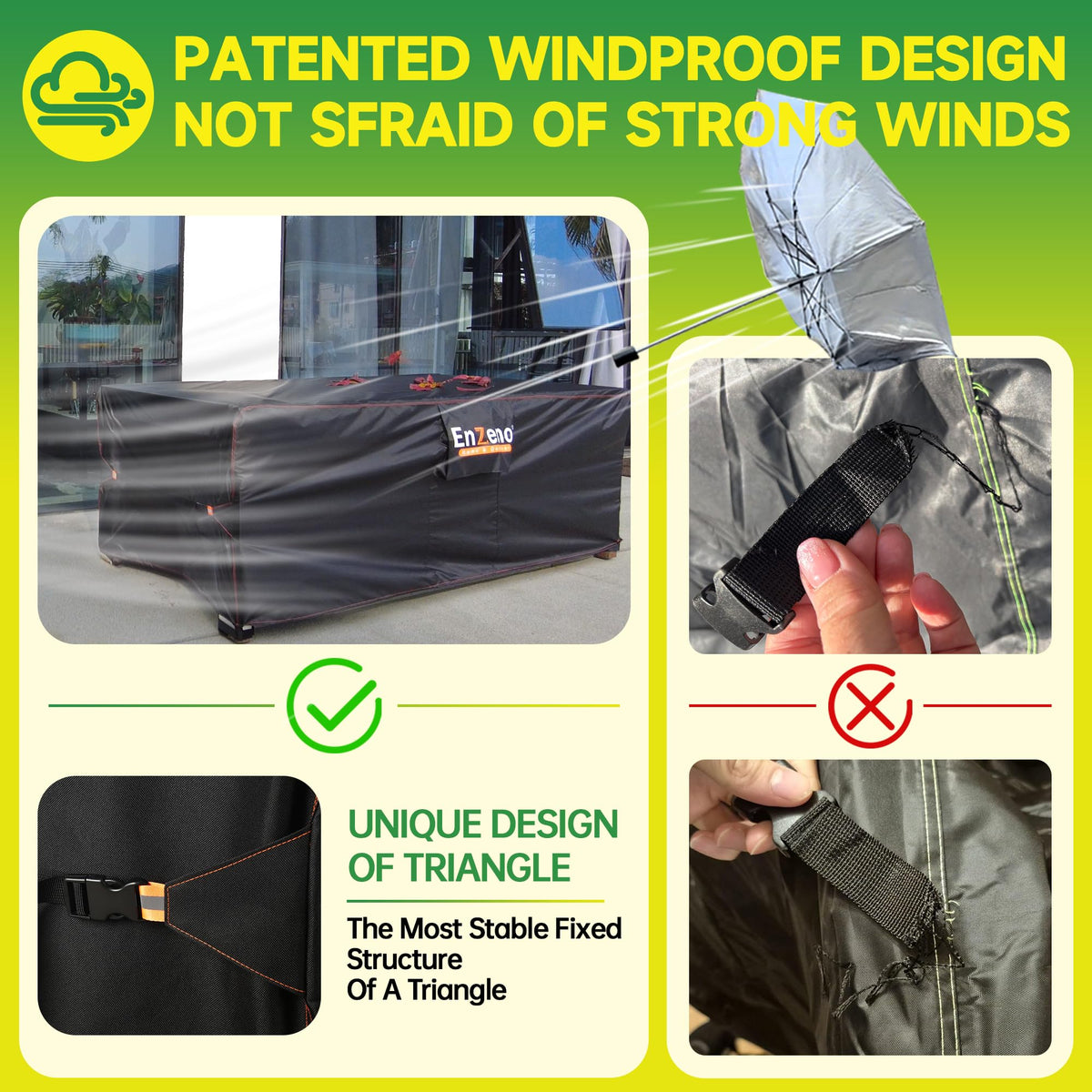 Enzeno windproof design with four Velcro straps for secure fit