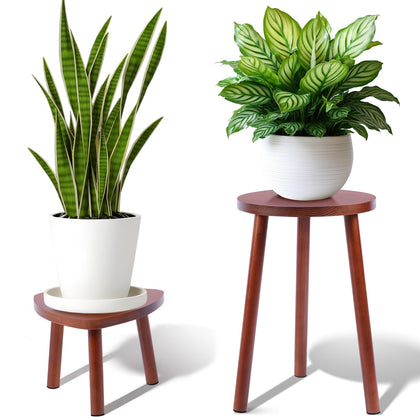 Eocogup corner two-pack walnut plant stand displayed in a living room corner, space-saving display