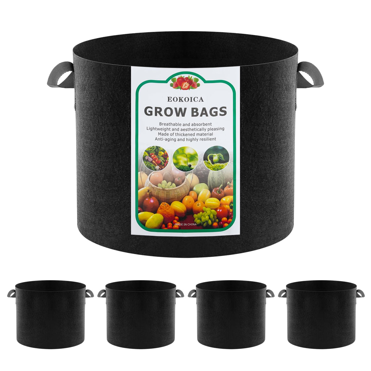 EOKOICA 5-pack grow bags in 10 gallons with durable thick fabric.
