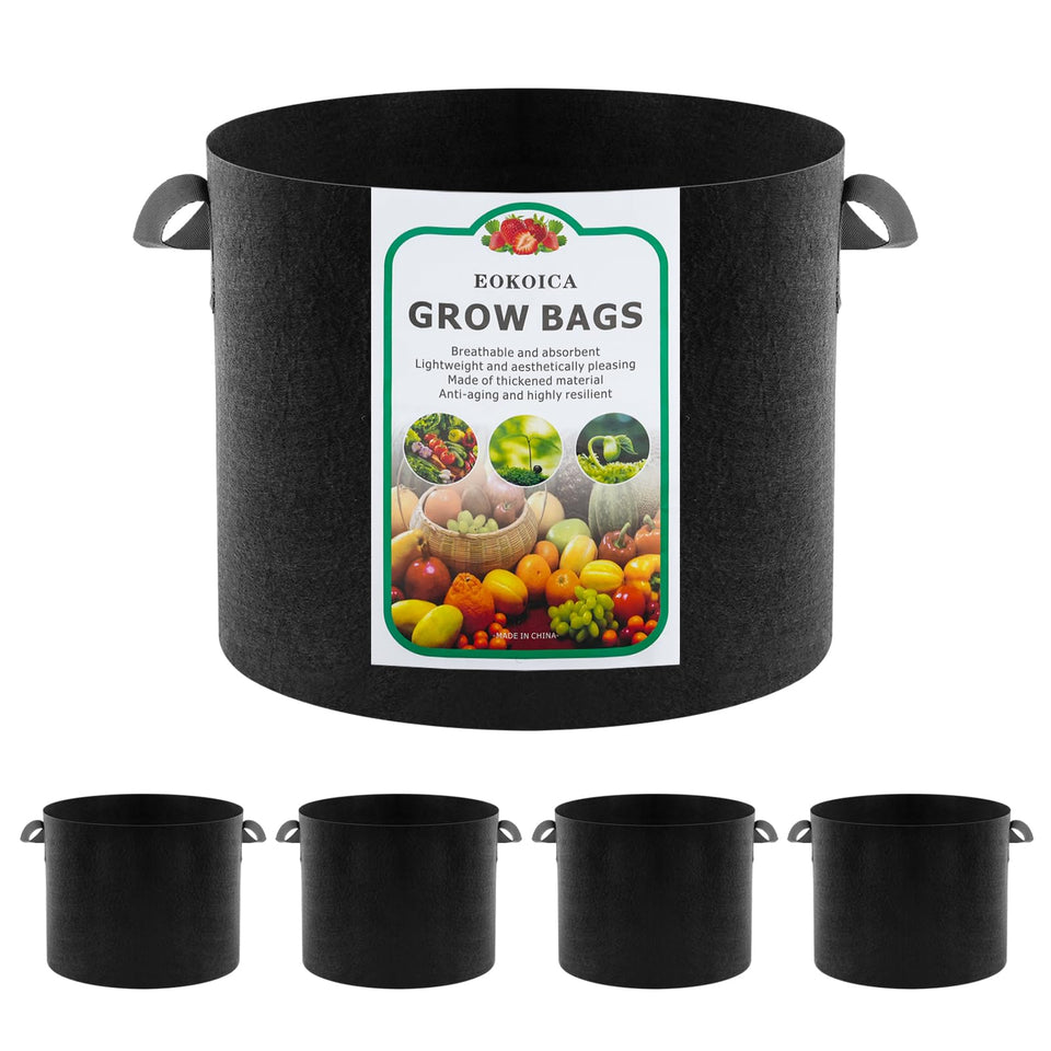 EOKOICA 5-pack grow bags in 10 gallons with durable thick fabric.