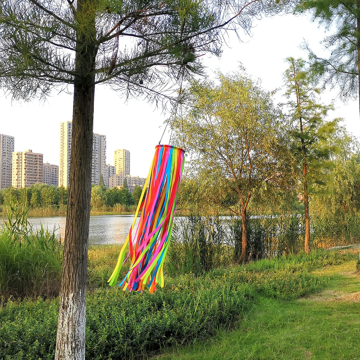 EONBES windsock on outdoor display showing wind-driven movement with 360° swivel.