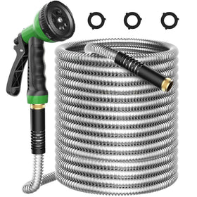 EONFAY metal garden hose 50ft neatly wrapped for easy storage and durability.