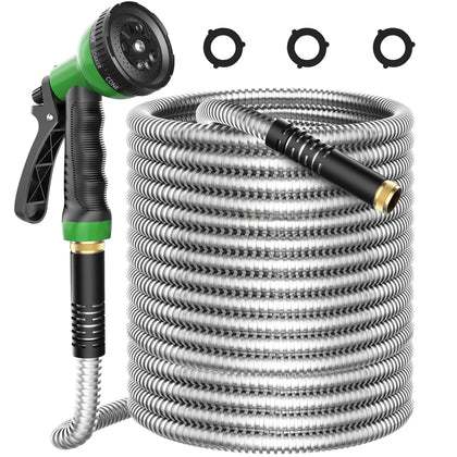 EONFAY metal garden hose 50ft neatly wrapped for easy storage and durability.
