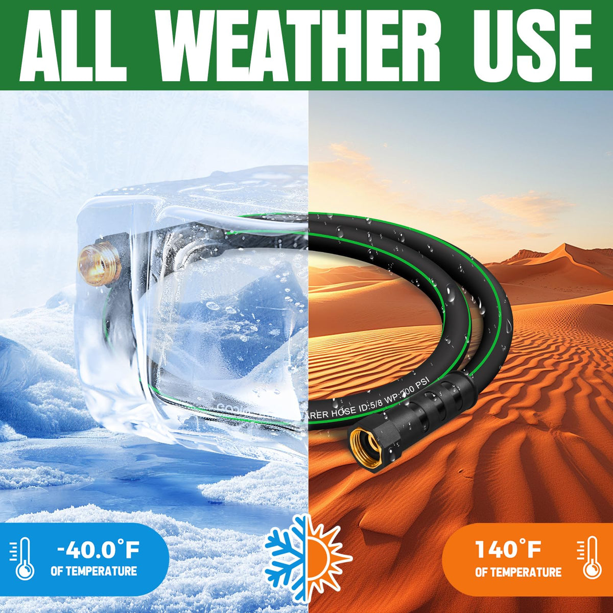 EOOIO all-weather flexible hose usable in hot sun and cold nights