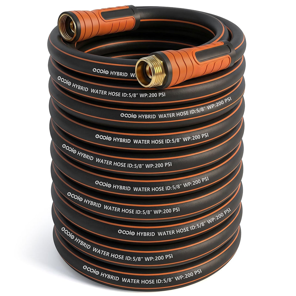 EOOIO garden hose 100 ft packaged, ready for quick setup.