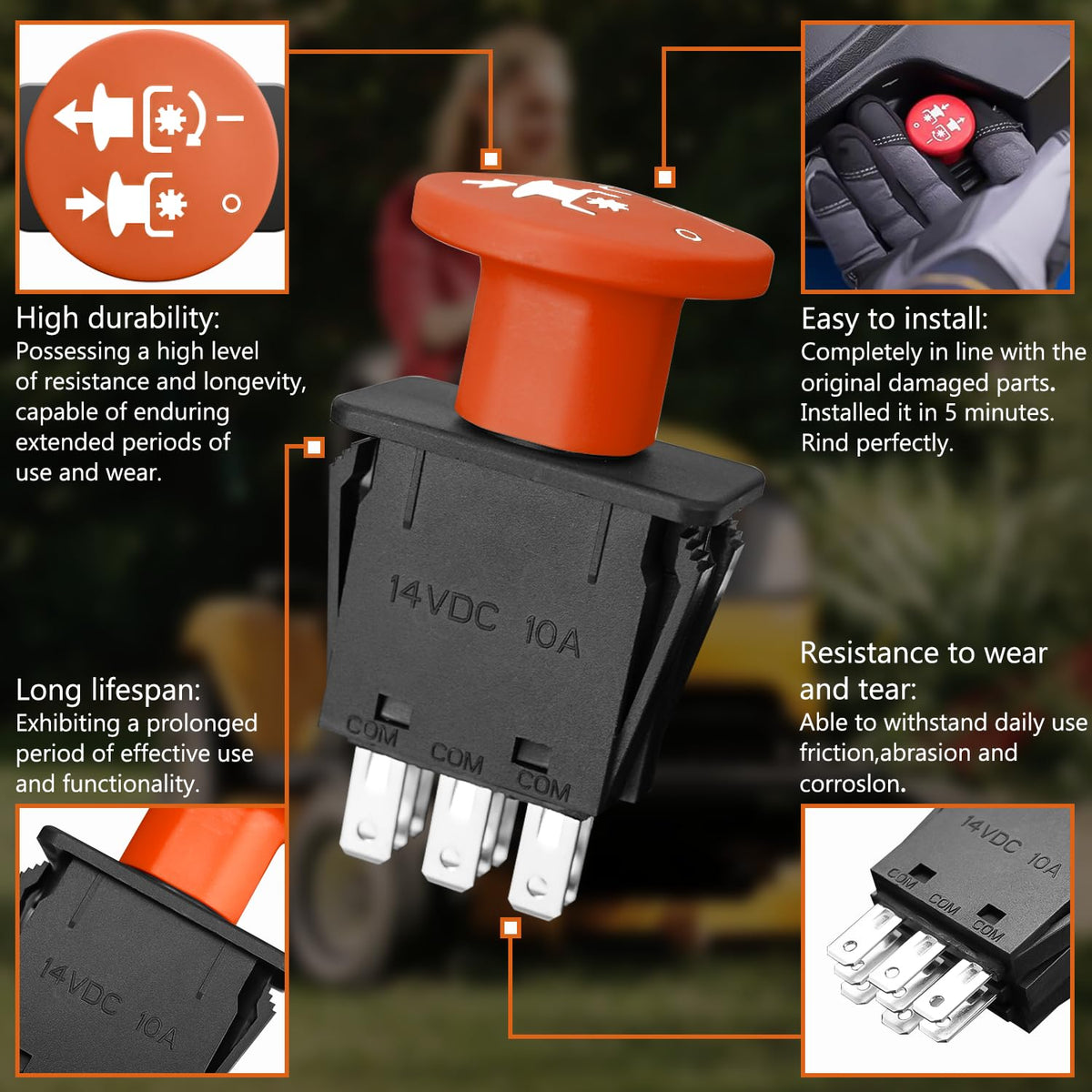 Eopzol PTO switch for Husqvarna 582107601; side view highlights compact design.
