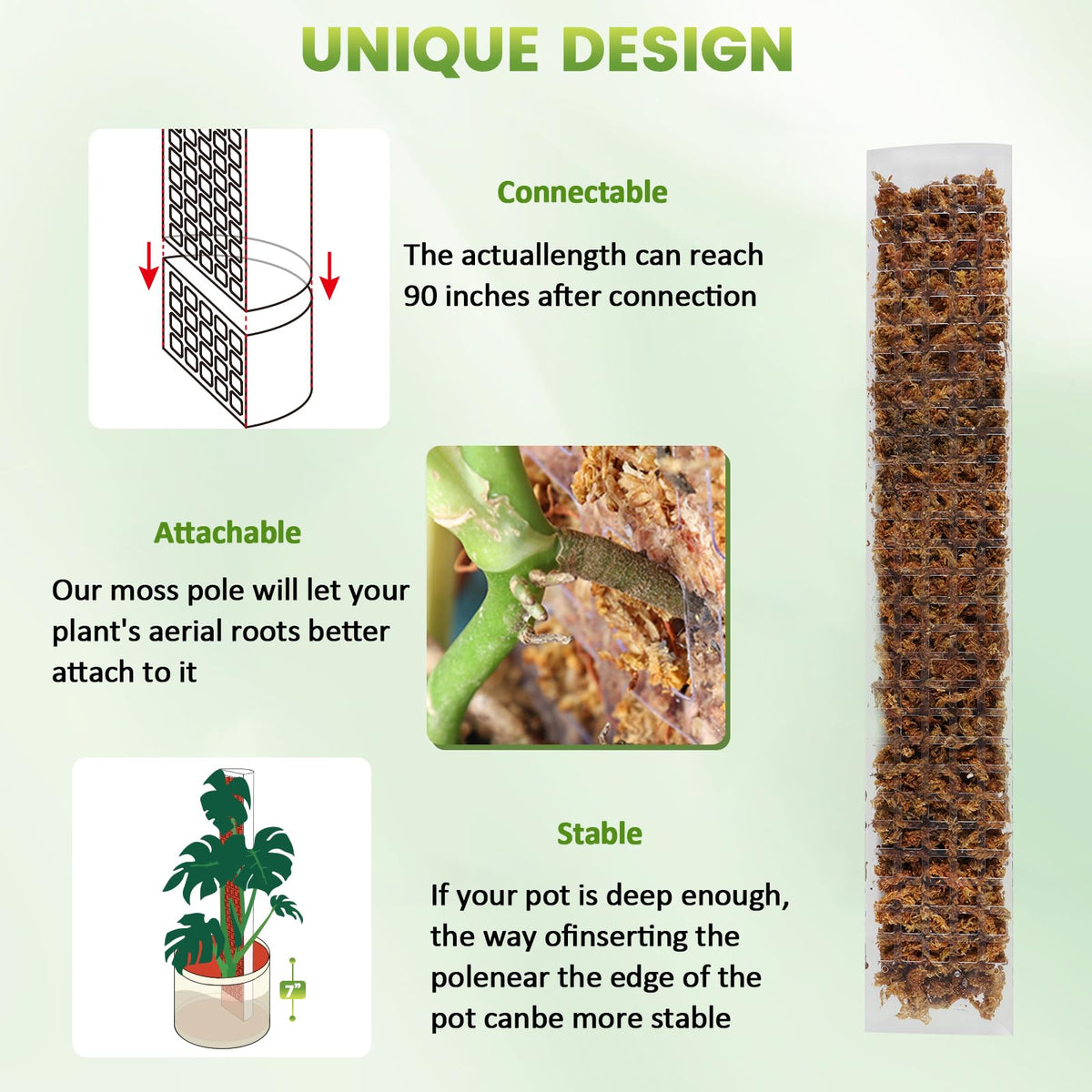 Rot-resistant moss pole stays sturdy when buried in soil