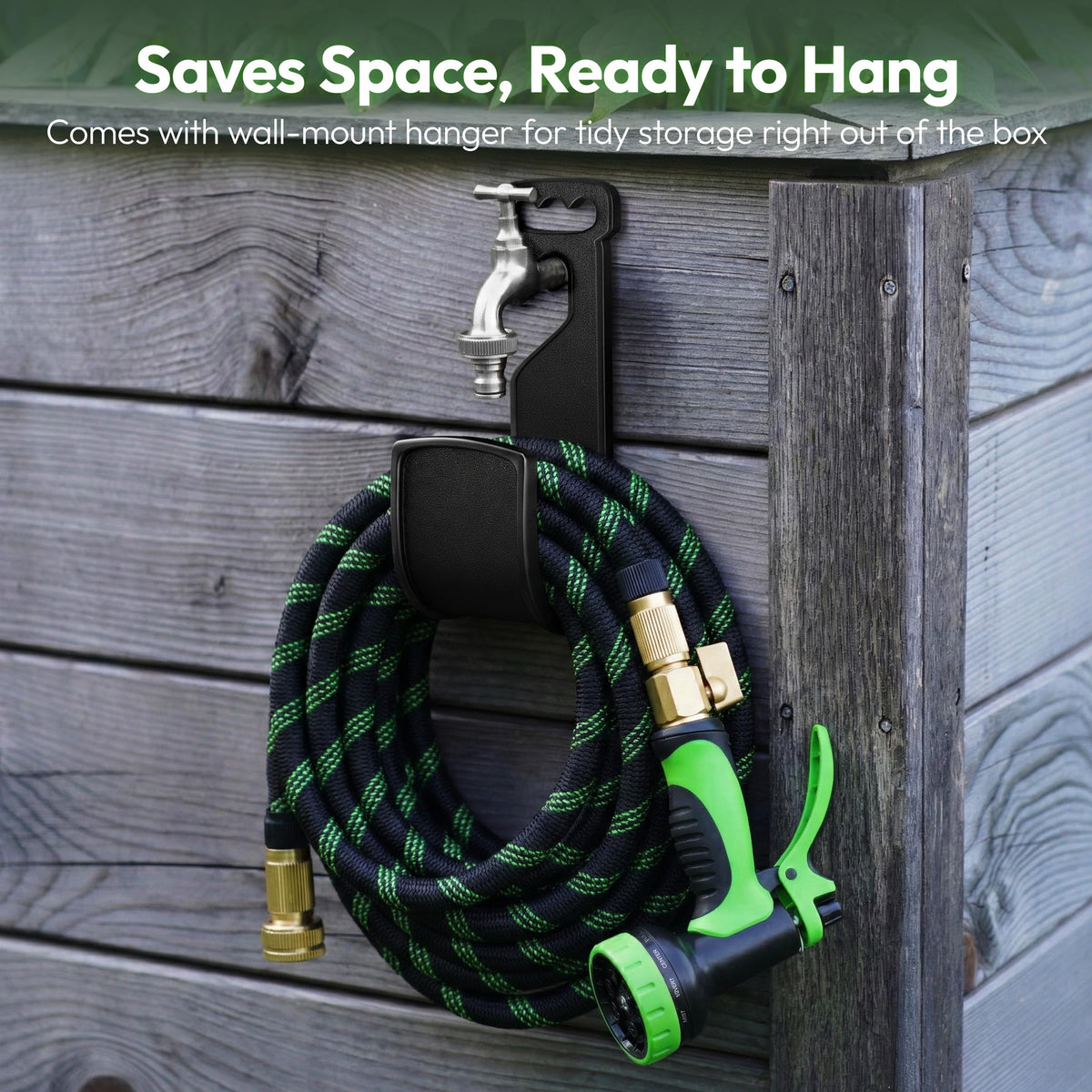 E&P garden hose 50ft includes hook for neat storage after use.