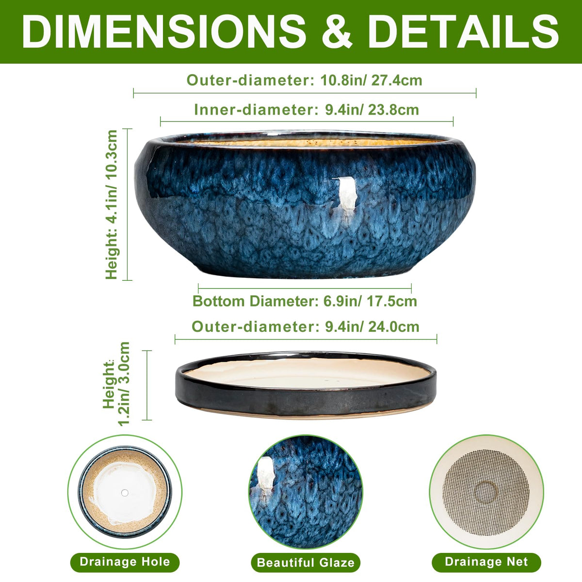 EPFamily Bonsai Pot blue glazed side profile highlights its curved form