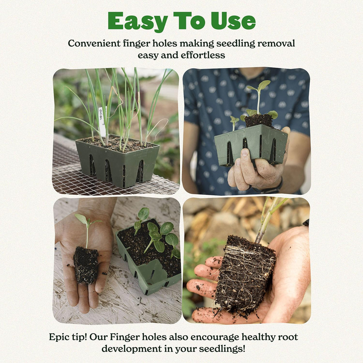 Epic Gardening seed starter tray features easy release bottom holes for seedlings.