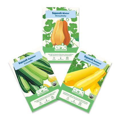 Epic Gardening Golden Zucchini seeds ready for sunlit beds and flavorful harvests.