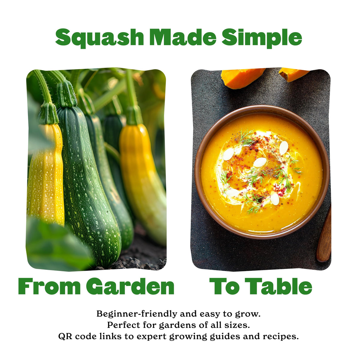 Epic Gardening QR guide links expert care tips for Squash seeds to healthy vines.