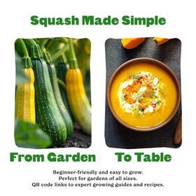 Epic Gardening QR guide links expert care tips for Squash seeds to healthy vines.
