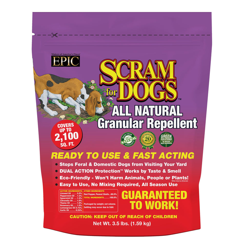 EPIC REPELLENTS Dog Scram granules in bag for safe outdoor training.