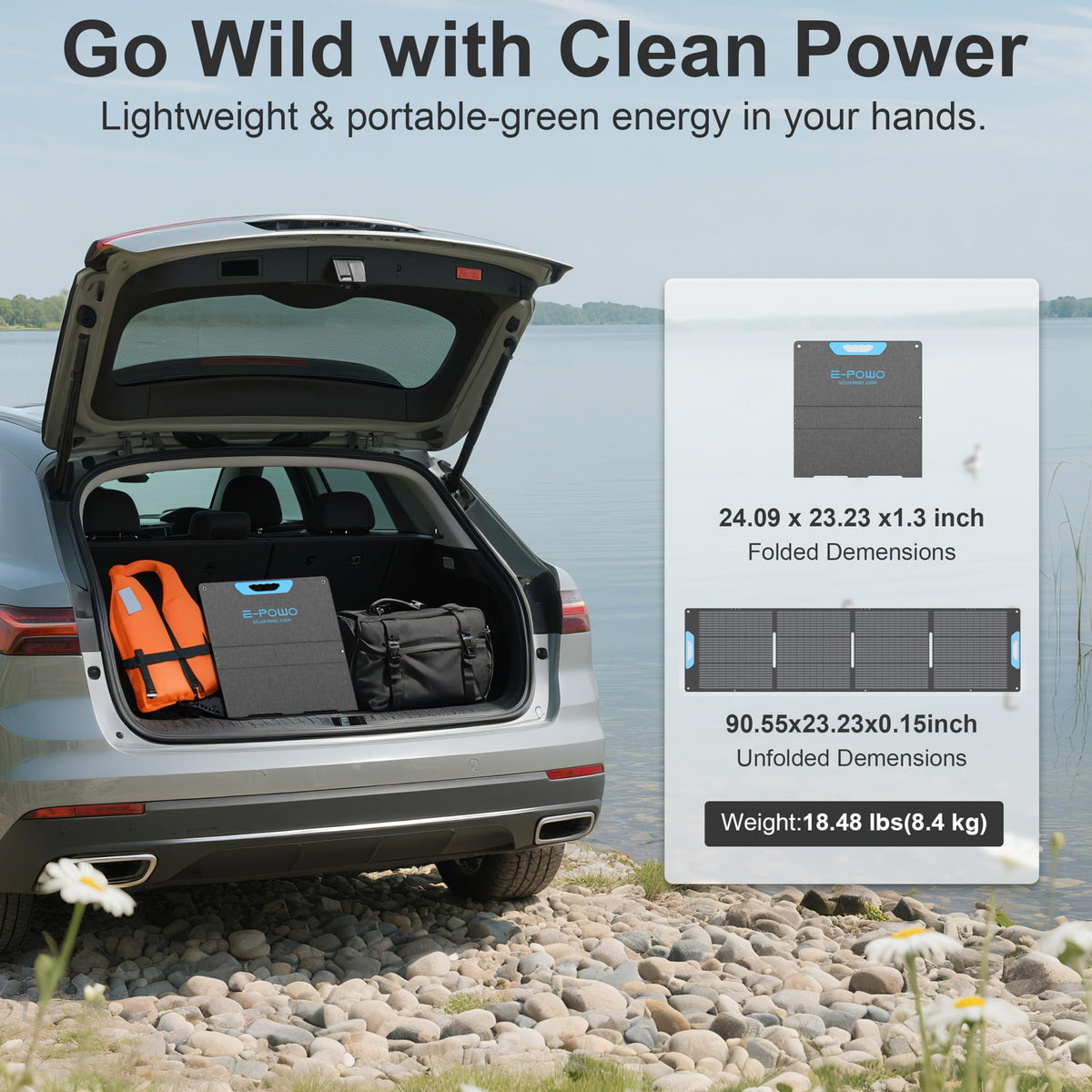 E-POWO 220W adjustable kickstands help capture sun at 40–60 degrees