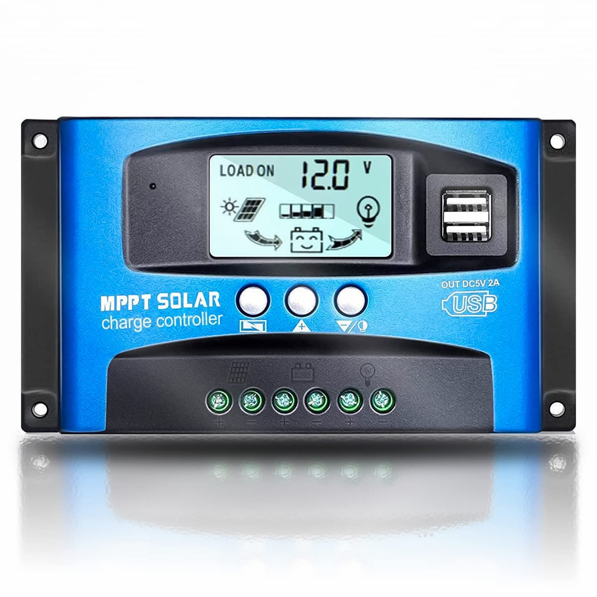EpRec MPPT 40A LCD display showing real-time charging status for 12V or 24V setups