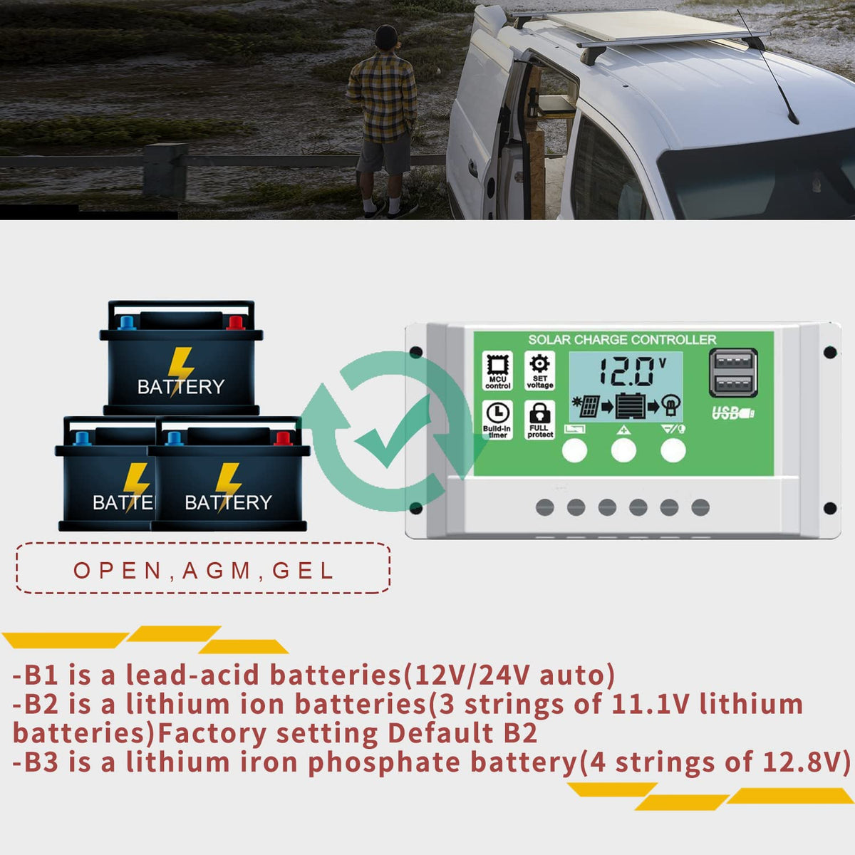 EpRec USB dual-output ports ideal for charging devices from solar.
