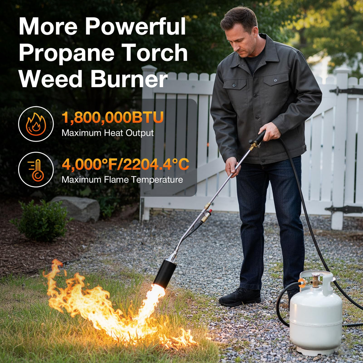 Eptchn 800,000 BTU torch delivering high heat for stubborn weeds.