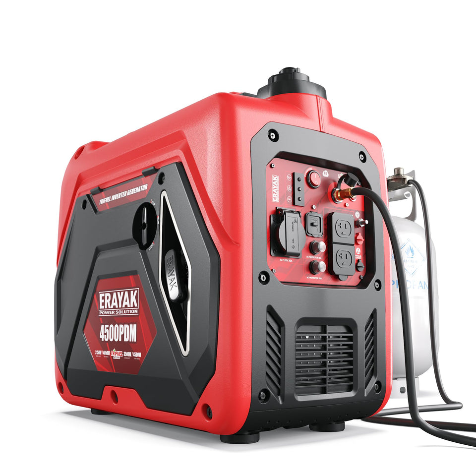 ERAYAK 4500W dual-fuel generator front view showing compact portability for storage