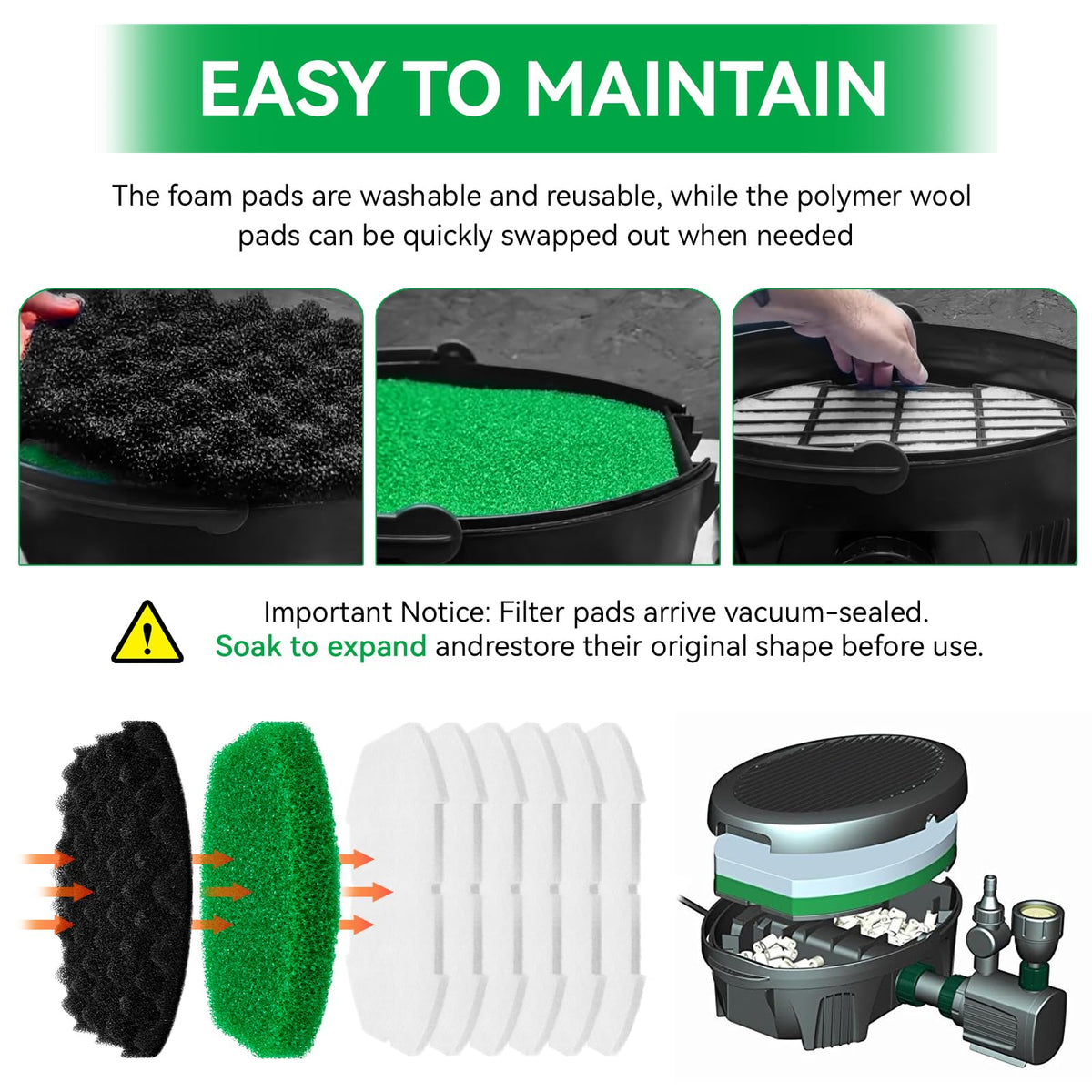 ERETOW reusable foam pads simplify pond care with quick swaps.