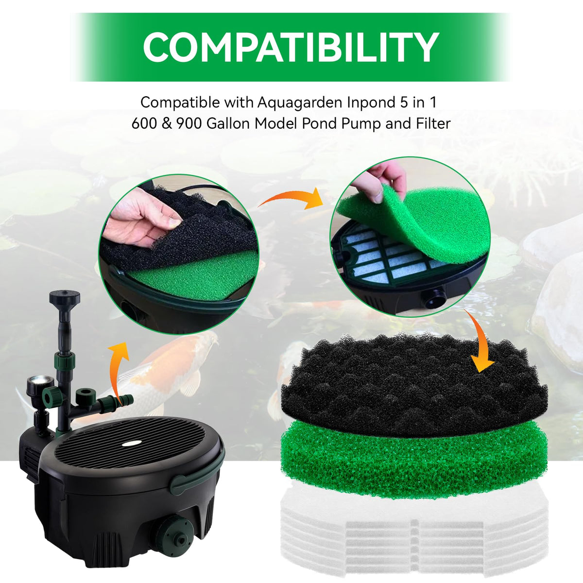 ERETOW green coarse foam pad captures large debris in 600/900 gal ponds.