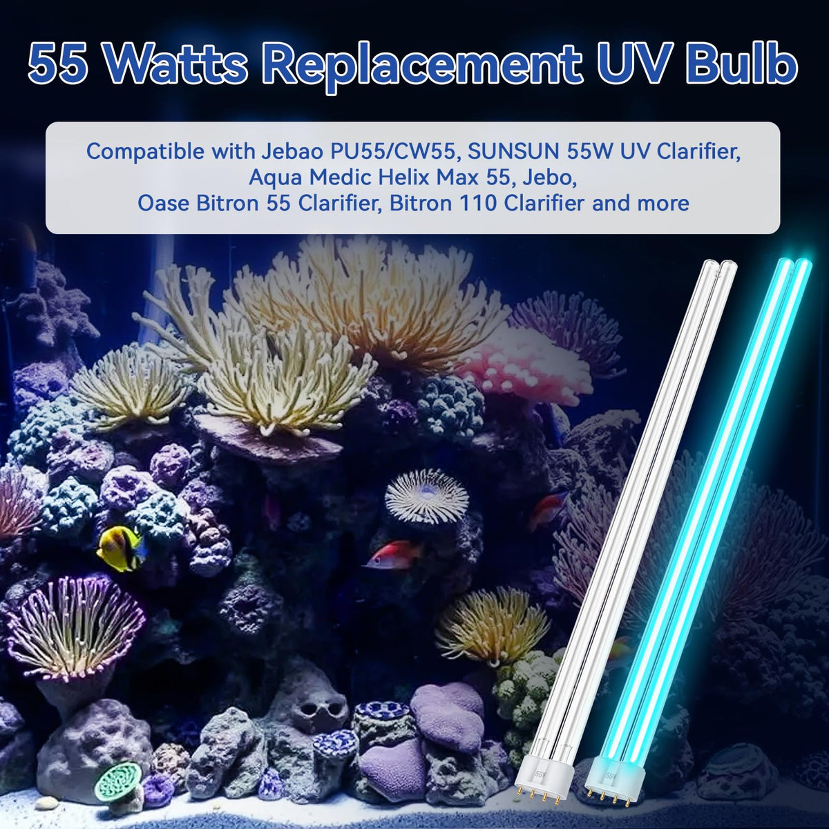 ERETOW pond-clarifier UV bulb showing compatibility with Jebao PU55/CW55.