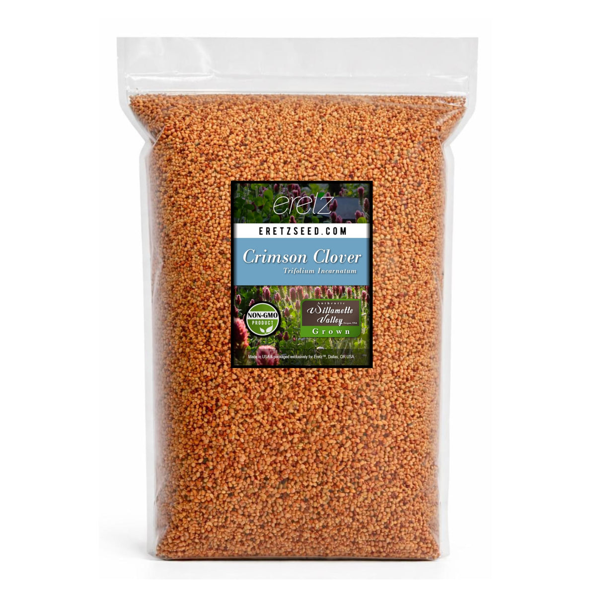 Eretz Crimson Clover Seed 5lb pack boosts soil health and adds color.
