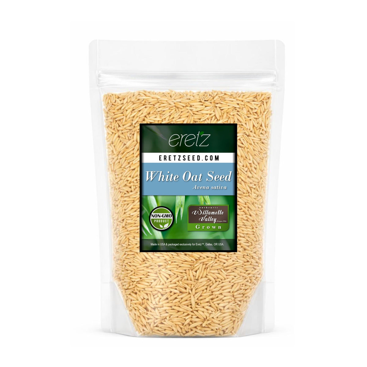 Eretz White Oat Seed 1lb bag—premium Oregon-grown oats for pasture and erosion control.