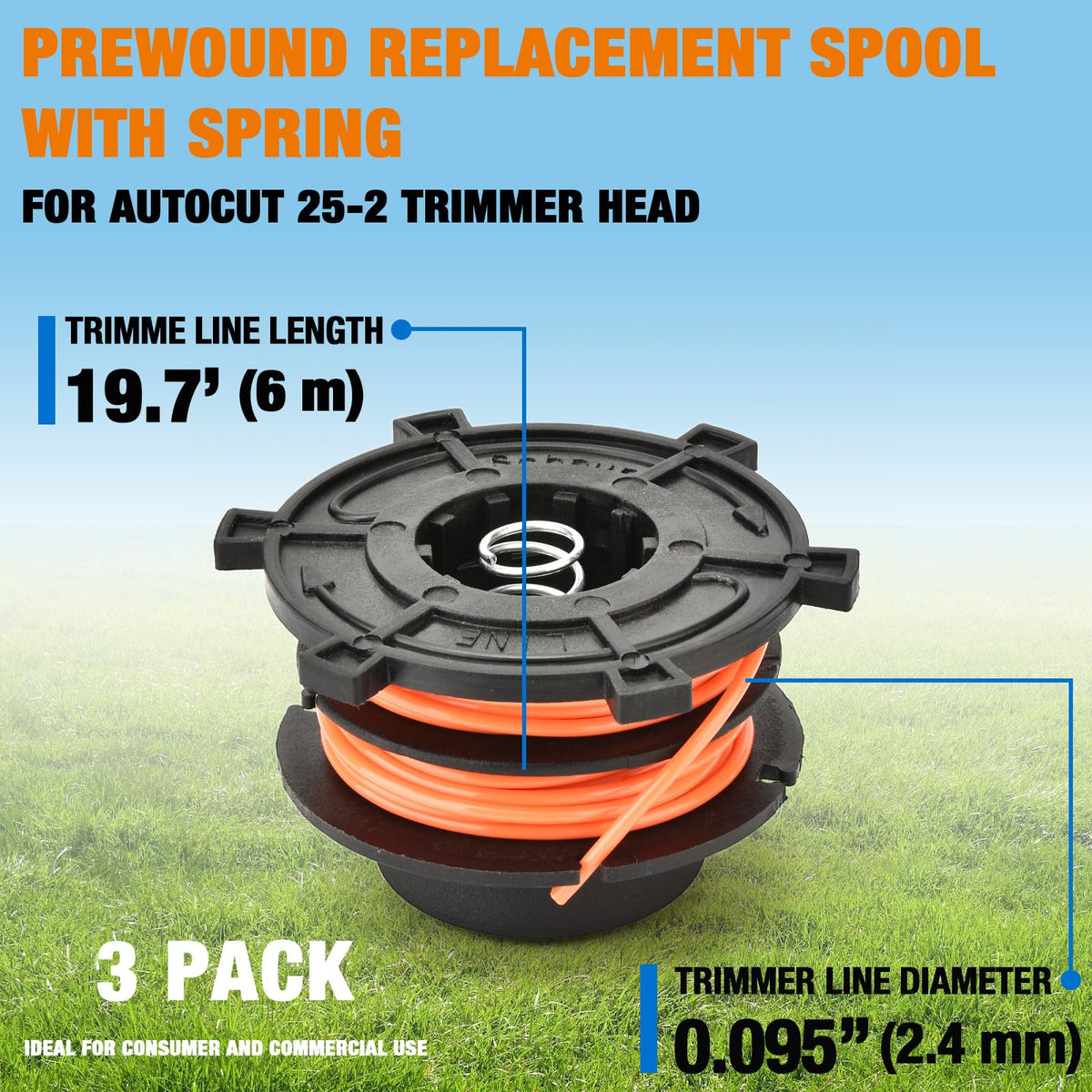 ERGIT nylon line spool 0.095 inches for Stihl FS heads and AutoCut compatibility.