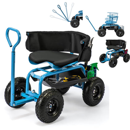 ERGO MASTER rolling garden seat with wheels on blue frame for effortless mobility.