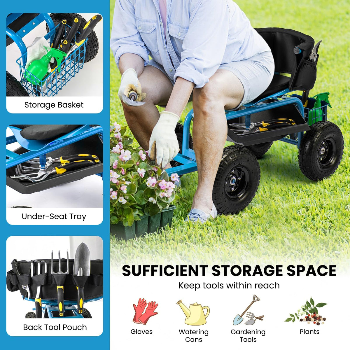ERGO MASTER garden chair with baskets and trays keeps tools organized.