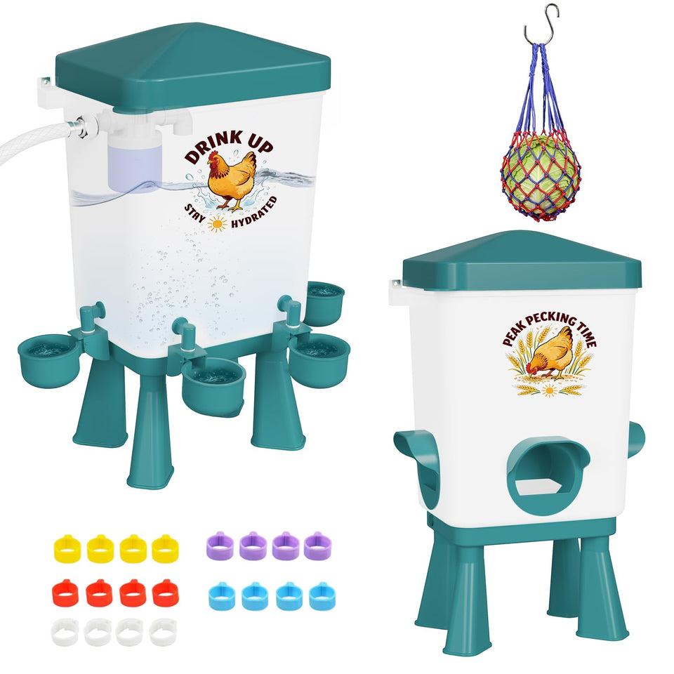 Erinaik 3Gal feeder-waterer front view with multiple ports for busy flocks.
