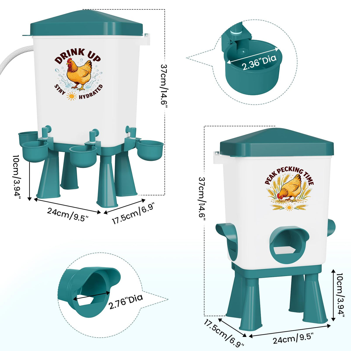 Erinaik 3Gal feeder-waterer side view showing compact coop fit.