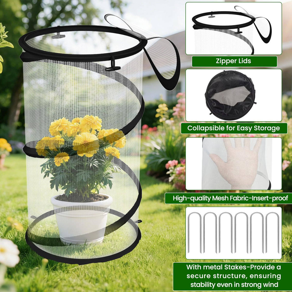 Erinaik garden cage with stakes stays stable in windy outdoor conditions.