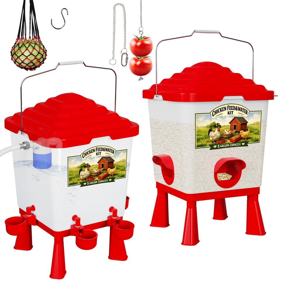 Erinaik 5-Gallon Auto Chicken Feeder and Waterer Set keeps water clean in outdoor coops.