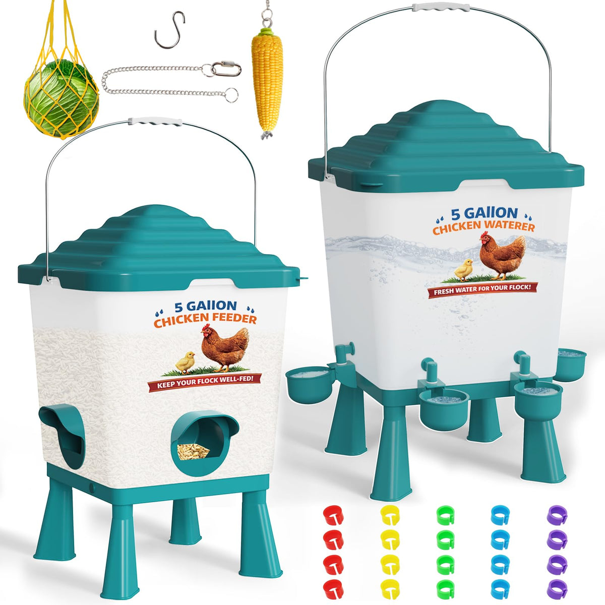 Erinaik chicken feeder and waterer set; angled view highlights all-in-one poultry care.