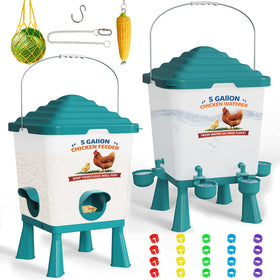 Erinaik chicken feeder and waterer set; angled view highlights all-in-one poultry care.