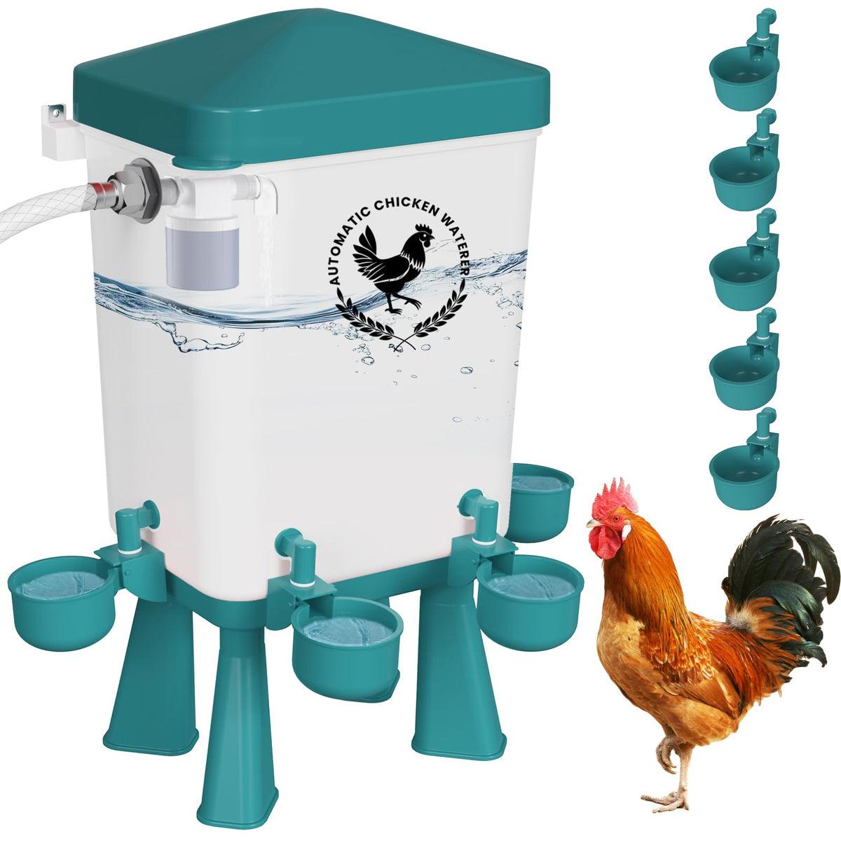 Erinaik chicken waterer 3-gallon reservoir keeps backyard flocks hydrated efficiently.